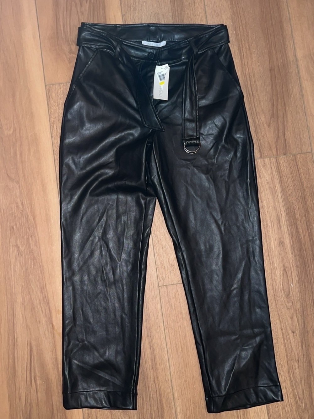 Black Faux Leather Belted Women’s Pants